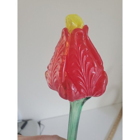 Hand Blown Art Glass Long Stem Tulip Flower 14.25 Inches Long Red Unsigned EUC - Picture 3 of 7